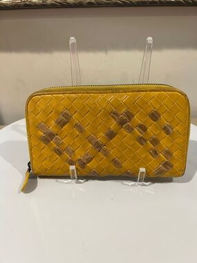 Bottega Veneta Yellow Woven Zip-Around Long Wallet with Taupe Inlay
